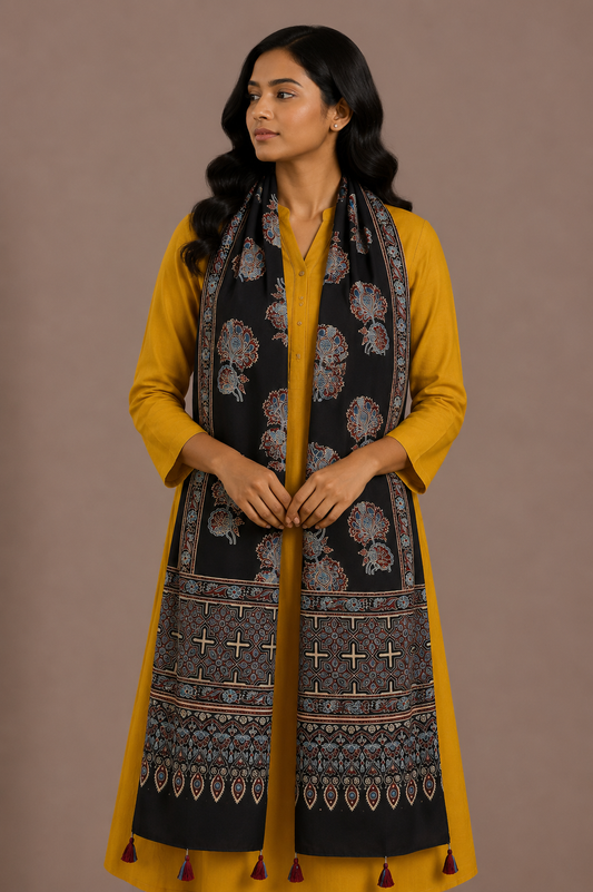 Ajrakh Modal Silk Natural Dye Hand Block Print Stole With Tassels - 2 Mtr Length    -  SKU : EK11A01T