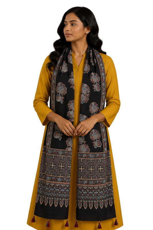 Ajrakh Modal Silk Natural Dye Hand Block Print Stole With Tassels - 2 Mtr Length    -  SKU : EK11A01T