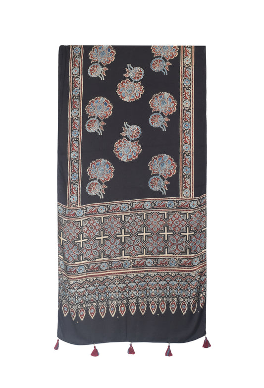 Ajrakh Modal Silk Natural Dye Hand Block Print Stole With Tassels - 2 Mtr Length - SKU : EK11A01T