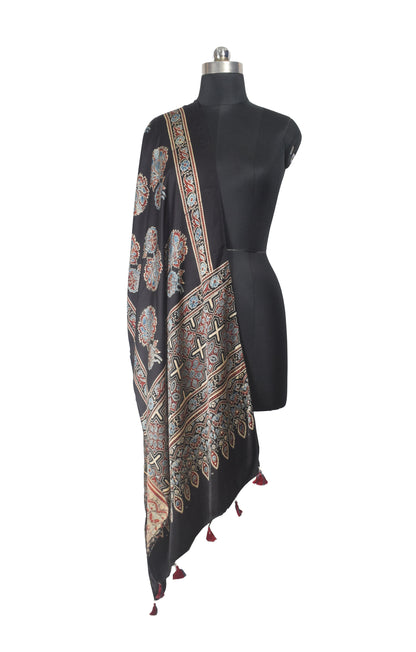 Ajrakh Modal Silk Natural Dye Hand Block Print Stole With Tassels - 2 Mtr Length    -  SKU : EK11A01T