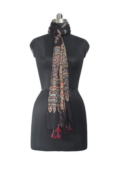 Ajrakh Modal Silk Natural Dye Hand Block Print Stole With Tassels - 2 Mtr Length    -  SKU : EK11A01T