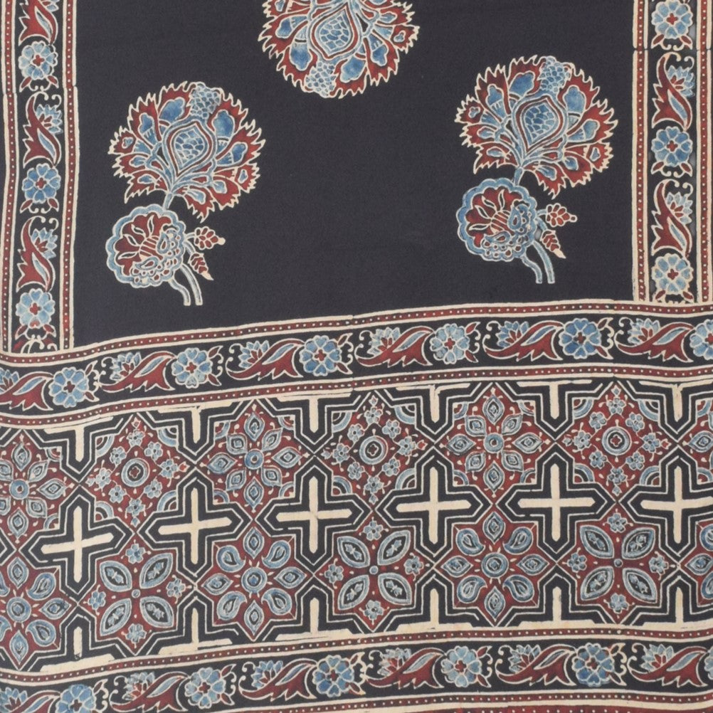 Ajrakh Modal Silk Natural Dye Hand Block Print Stole With Tassels - 2 Mtr Length    -  SKU : EK11A01T