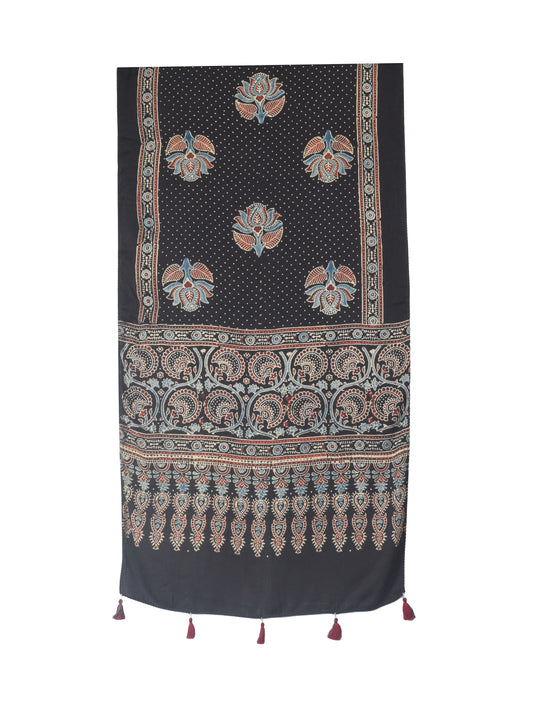 Ajrakh Modal Silk Natural Dye Hand Block Print Stole With Tassels - 2 Mtr Length    -  SKU : EK11A0AD