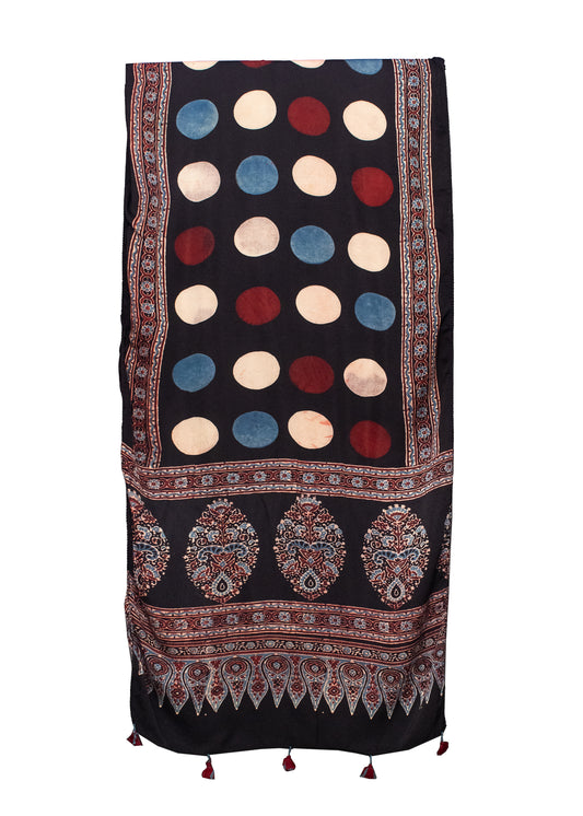 Ajrakh Modal Silk Natural Dye Hand Block Print Stole With Tassels - 2 Mtr Length    -  SKU : MS12A01Z