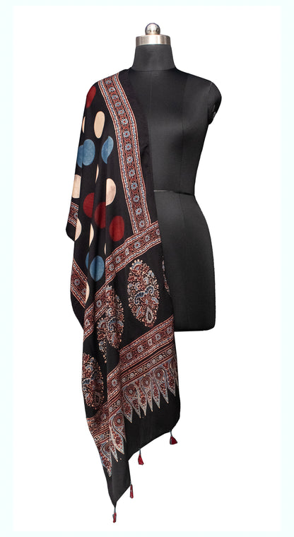 Ajrakh Modal Silk Natural Dye Hand Block Print Stole With Tassels - 2 Mtr Length    -  SKU : MS12A01Z