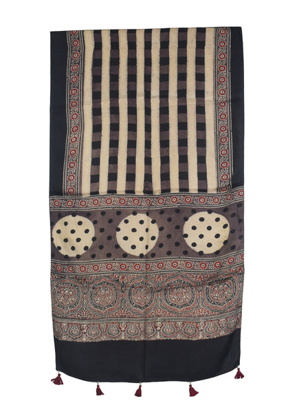 Ajrakh Modal Silk Natural Dye Hand Block Print Stole With Tassels - 2 Mtr Length   -  SKU : AI27803A