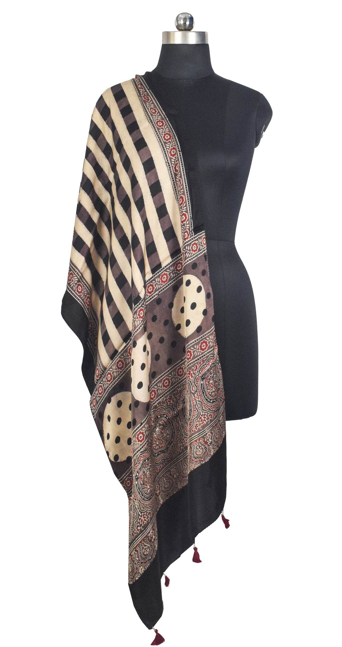 Ajrakh Modal Silk Natural Dye Hand Block Print Stole With Tassels - 2 Mtr Length   -  SKU : AI27803A