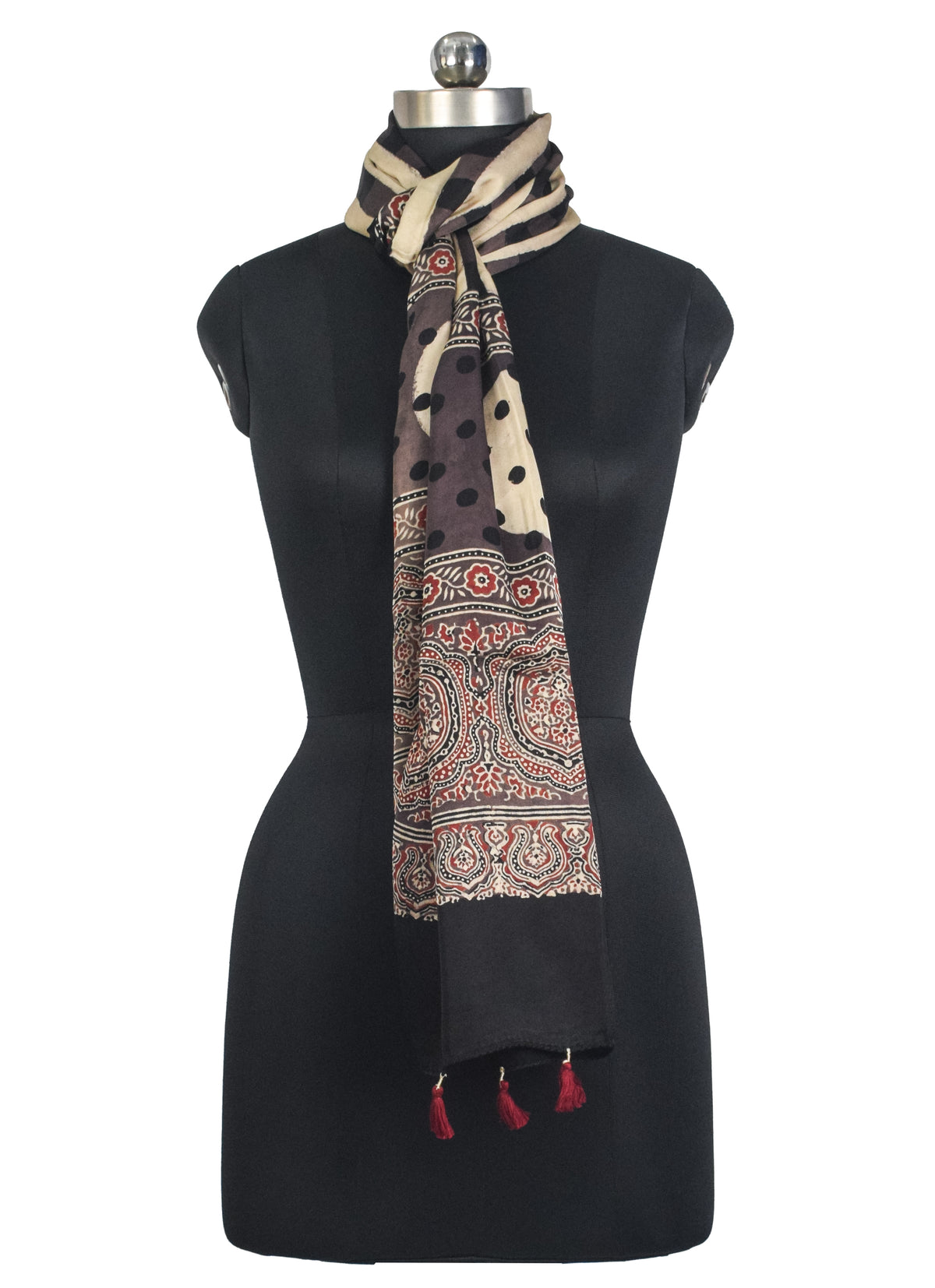 Ajrakh Modal Silk Natural Dye Hand Block Print Stole With Tassels - 2 Mtr Length   -  SKU : AI27803A