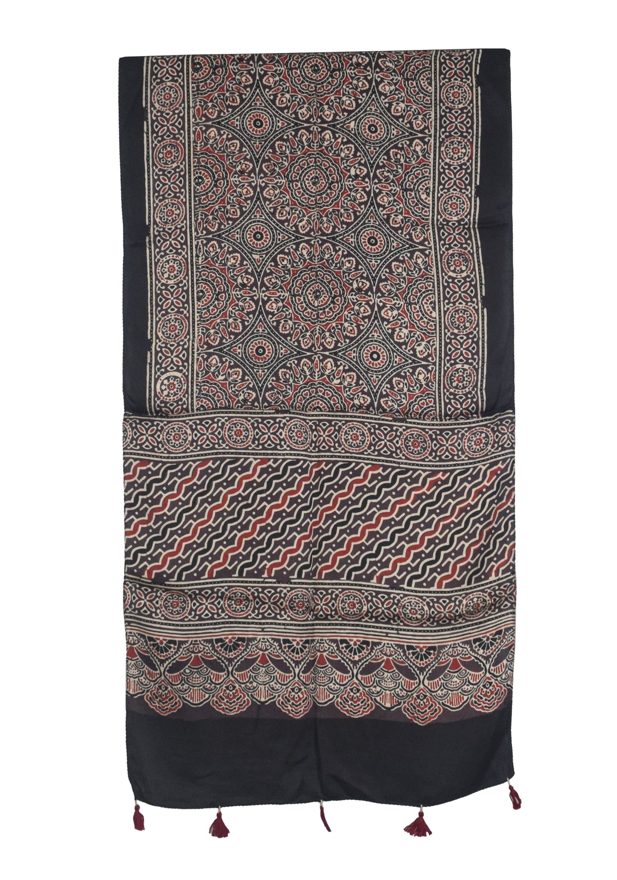Ajrakh Modal Silk Natural Dye Hand Block Print Stole With Tassels - 2 Mtr Length   -  SKU : AI27803B