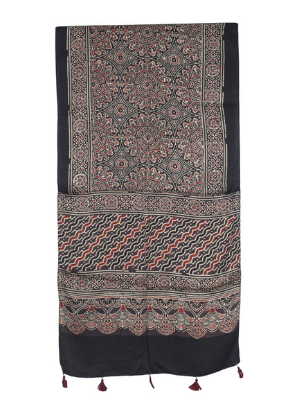 Ajrakh Modal Silk Natural Dye Hand Block Print Stole With Tassels - 2 Mtr Length   -  SKU : AI27803B