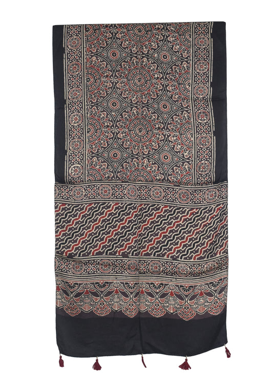Ajrakh Modal Silk Natural Dye Hand Block Print Stole With Tassels - 2 Mtr Length   -  SKU : AI27803B
