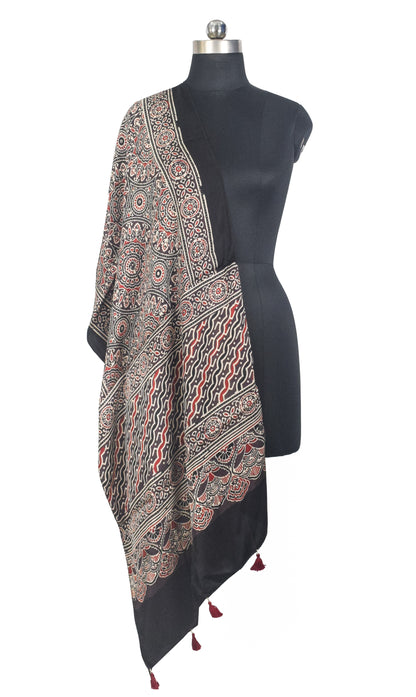 Ajrakh Modal Silk Natural Dye Hand Block Print Stole With Tassels - 2 Mtr Length   -  SKU : AI27803B