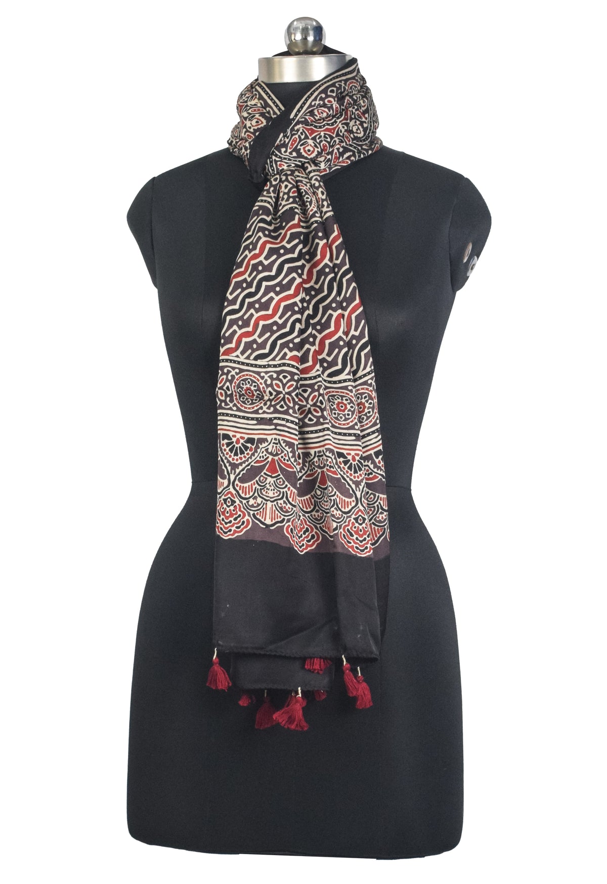 Ajrakh Modal Silk Natural Dye Hand Block Print Stole With Tassels - 2 Mtr Length   -  SKU : AI27803B