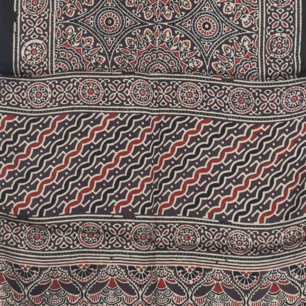 Ajrakh Modal Silk Natural Dye Hand Block Print Stole With Tassels - 2 Mtr Length   -  SKU : AI27803B