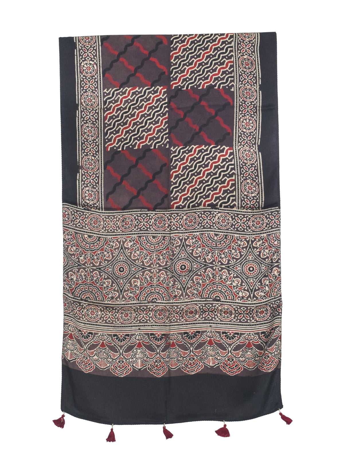 Ajrakh Modal Silk Natural Dye Hand Block Print Stole With Tassels - 2 Mtr Length   -  SKU : AI27803C