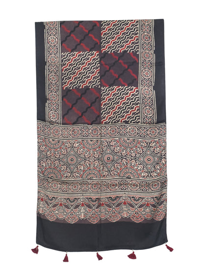 Ajrakh Modal Silk Natural Dye Hand Block Print Stole With Tassels - 2 Mtr Length   -  SKU : AI27803C