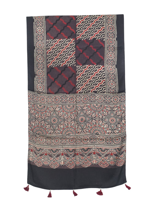 Ajrakh Modal Silk Natural Dye Hand Block Print Stole With Tassels - 2 Mtr Length   -  SKU : AI27803C