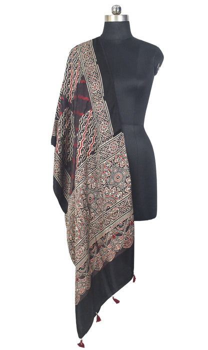 Ajrakh Modal Silk Natural Dye Hand Block Print Stole With Tassels - 2 Mtr Length   -  SKU : AI27803C