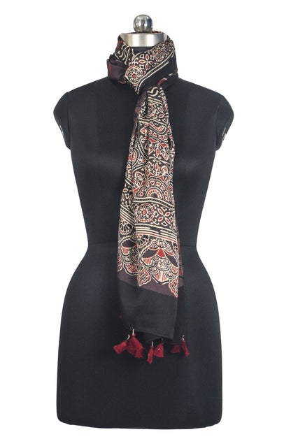 Ajrakh Modal Silk Natural Dye Hand Block Print Stole With Tassels - 2 Mtr Length   -  SKU : AI27803C