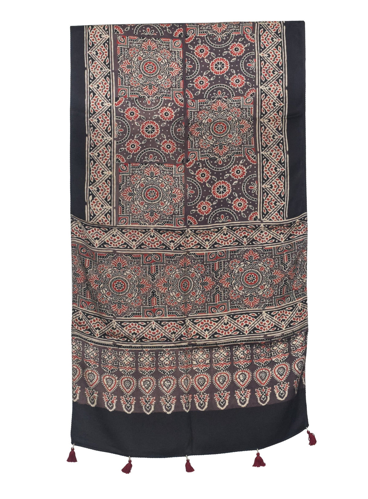 Ajrakh Modal Silk Natural Dye Hand Block Print Stole With Tassels - 2 Mtr Length   -  SKU : AI27803D