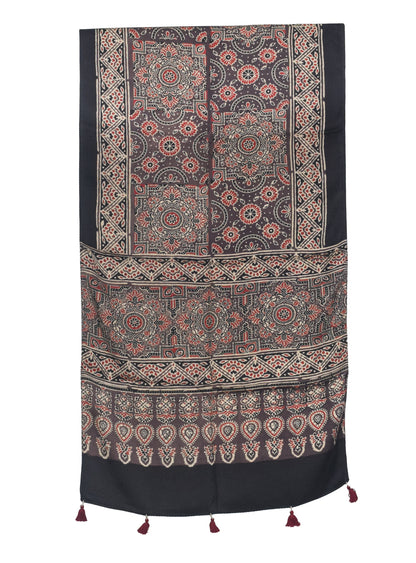 Ajrakh Modal Silk Natural Dye Hand Block Print Stole With Tassels - 2 Mtr Length   -  SKU : AI27803D