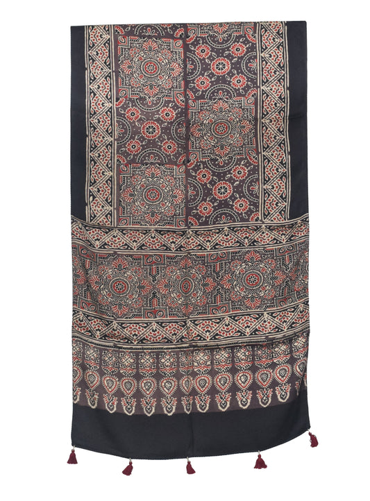 Ajrakh Modal Silk Natural Dye Hand Block Print Stole With Tassels - 2 Mtr Length   -  SKU : AI27803D