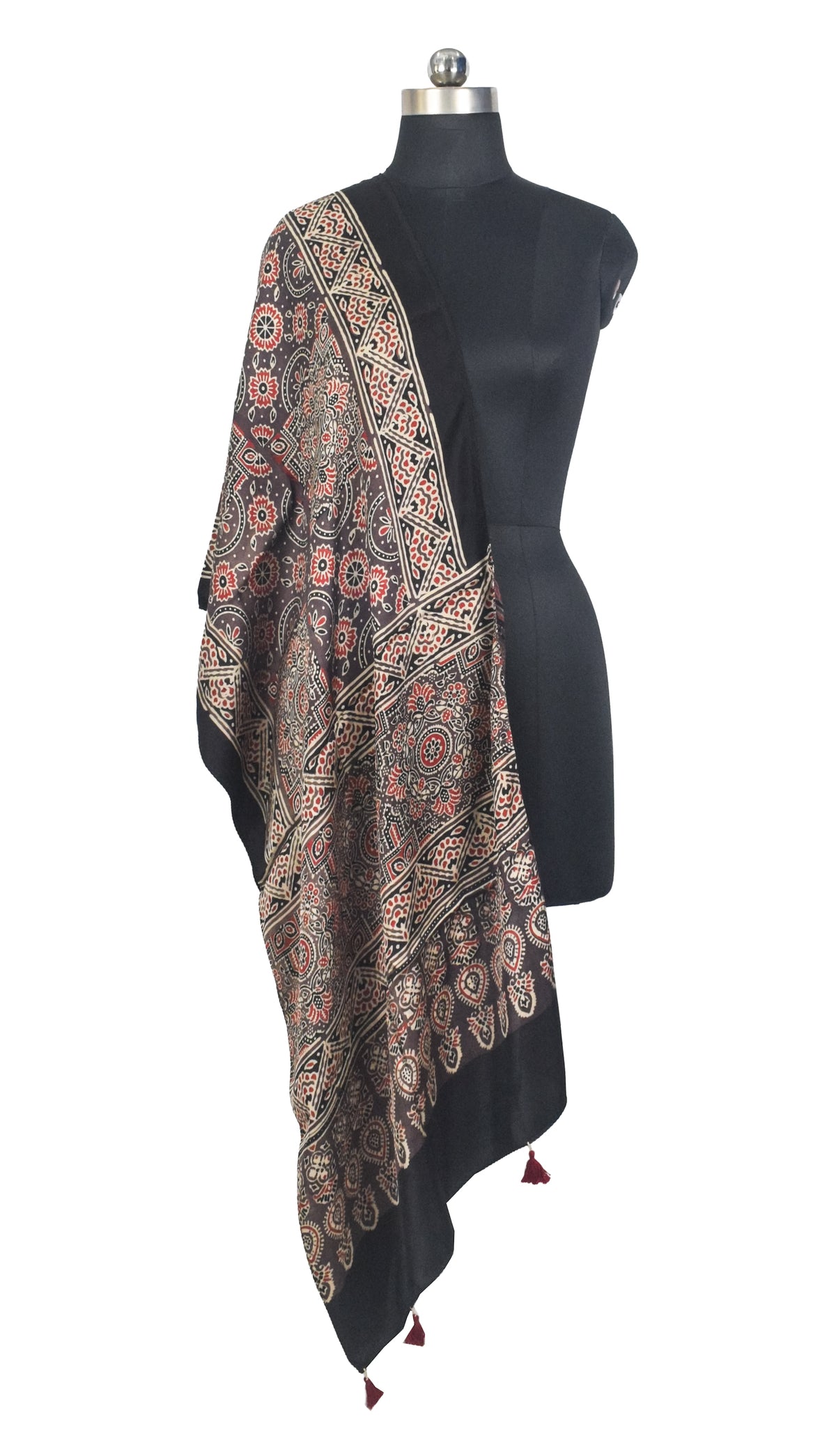 Ajrakh Modal Silk Natural Dye Hand Block Print Stole With Tassels - 2 Mtr Length   -  SKU : AI27803D