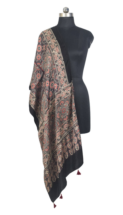 Ajrakh Modal Silk Natural Dye Hand Block Print Stole With Tassels - 2 Mtr Length   -  SKU : AI27803D