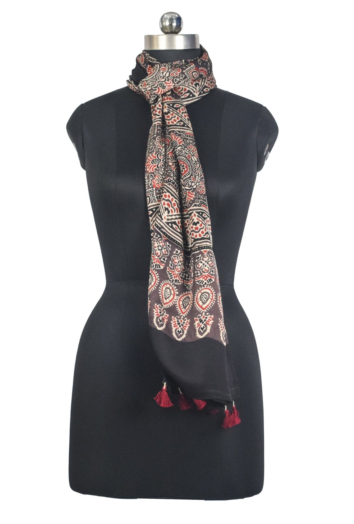Ajrakh Modal Silk Natural Dye Hand Block Print Stole With Tassels - 2 Mtr Length   -  SKU : AI27803D