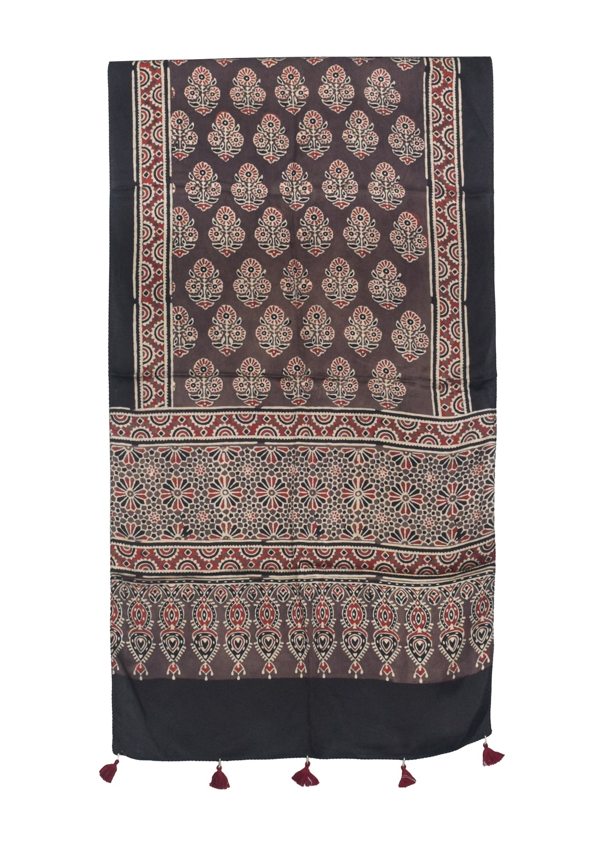 Ajrakh Modal Silk Natural Dye Hand Block Print Stole With Tassels - 2 Mtr Length   -  SKU : AI27803E