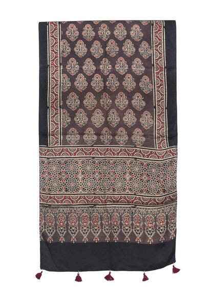 Ajrakh Modal Silk Natural Dye Hand Block Print Stole With Tassels - 2 Mtr Length   -  SKU : AI27803E