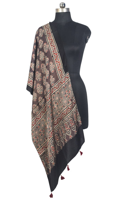 Ajrakh Modal Silk Natural Dye Hand Block Print Stole With Tassels - 2 Mtr Length   -  SKU : AI27803E