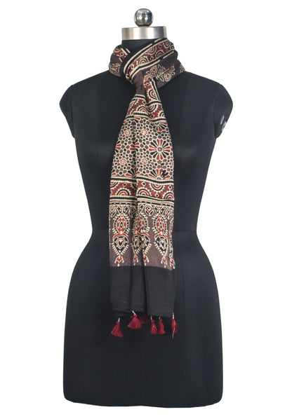Ajrakh Modal Silk Natural Dye Hand Block Print Stole With Tassels - 2 Mtr Length   -  SKU : AI27803E
