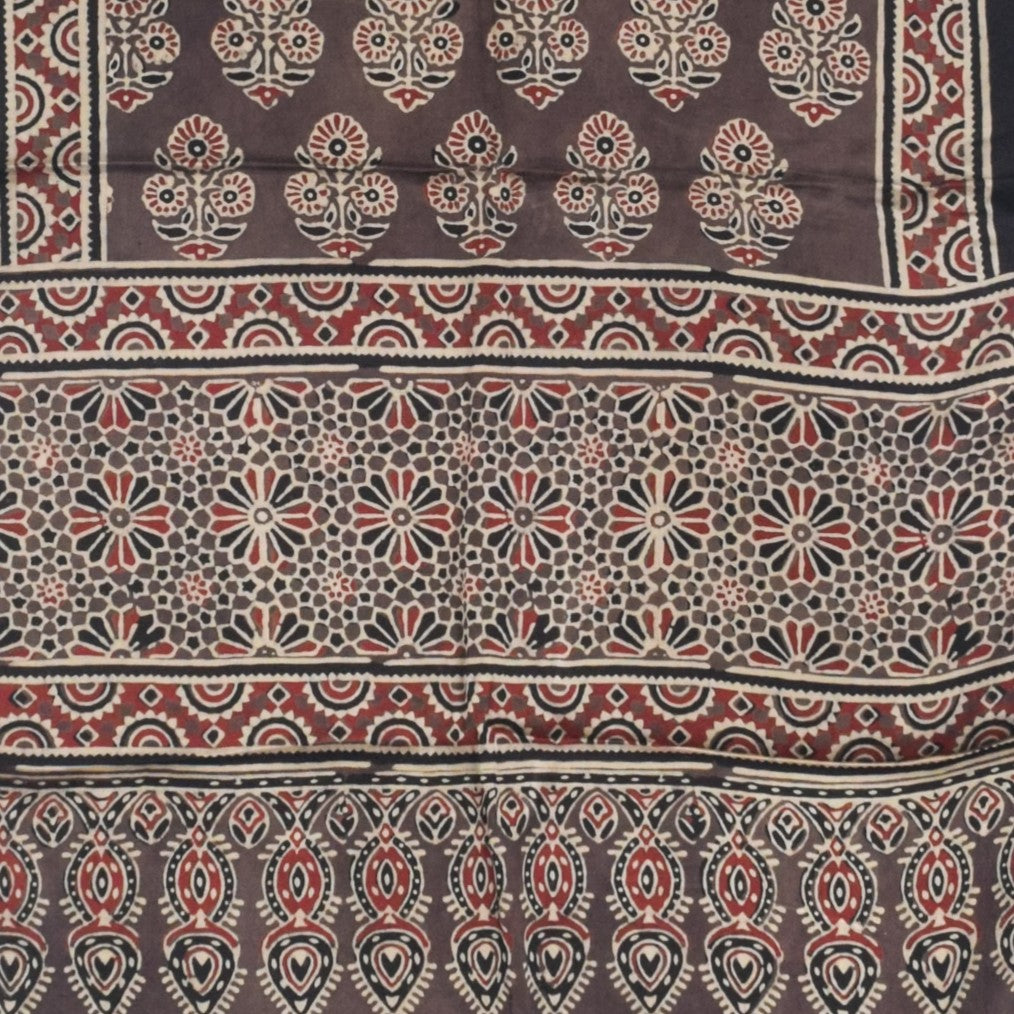 Ajrakh Modal Silk Natural Dye Hand Block Print Stole With Tassels - 2 Mtr Length   -  SKU : AI27803E