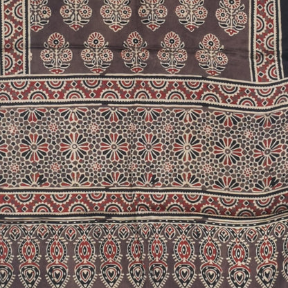 Ajrakh Modal Silk Natural Dye Hand Block Print Stole With Tassels - 2 Mtr Length   -  SKU : AI27803E