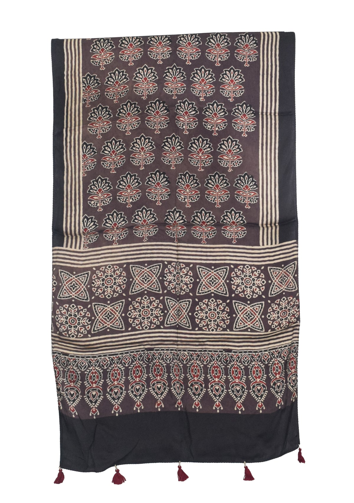 Ajrakh Modal Silk Natural Dye Hand Block Print Stole With Tassels - 2 Mtr Length   -  SKU : AI27803F