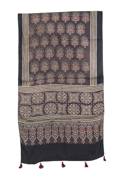 Ajrakh Modal Silk Natural Dye Hand Block Print Stole With Tassels - 2 Mtr Length   -  SKU : AI27803F