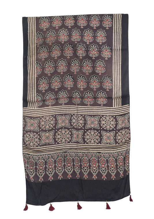 Ajrakh Modal Silk Natural Dye Hand Block Print Stole With Tassels - 2 Mtr Length   -  SKU : AI27803F