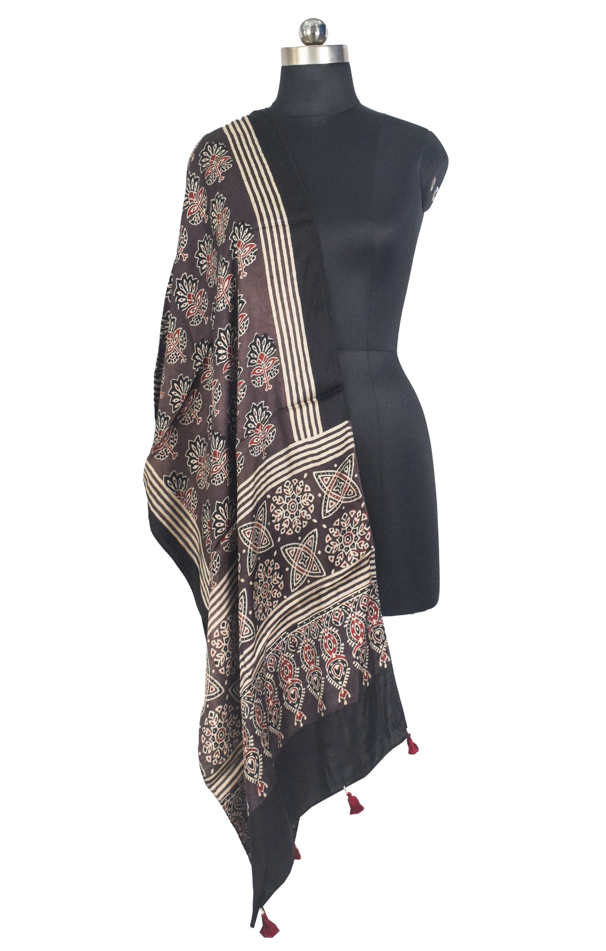 Ajrakh Modal Silk Natural Dye Hand Block Print Stole With Tassels - 2 Mtr Length   -  SKU : AI27803F
