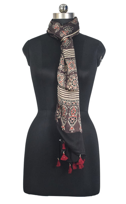 Ajrakh Modal Silk Natural Dye Hand Block Print Stole With Tassels - 2 Mtr Length   -  SKU : AI27803F