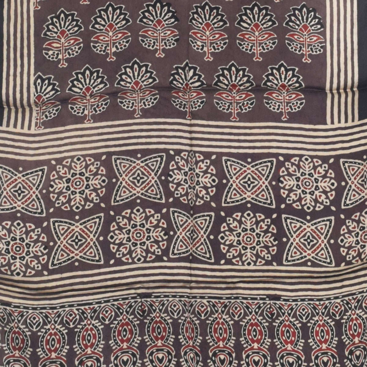 Ajrakh Modal Silk Natural Dye Hand Block Print Stole With Tassels - 2 Mtr Length   -  SKU : AI27803F