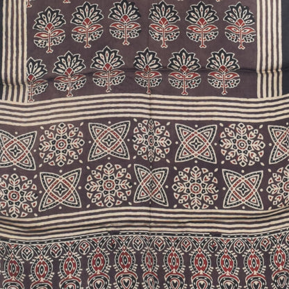 Ajrakh Modal Silk Natural Dye Hand Block Print Stole With Tassels - 2 Mtr Length   -  SKU : AI27803F