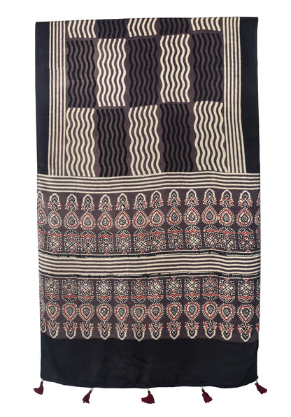 Ajrakh Modal Silk Natural Dye Hand Block Print Stole With Tassels - 2 Mtr Length   -  SKU : EK28901R
