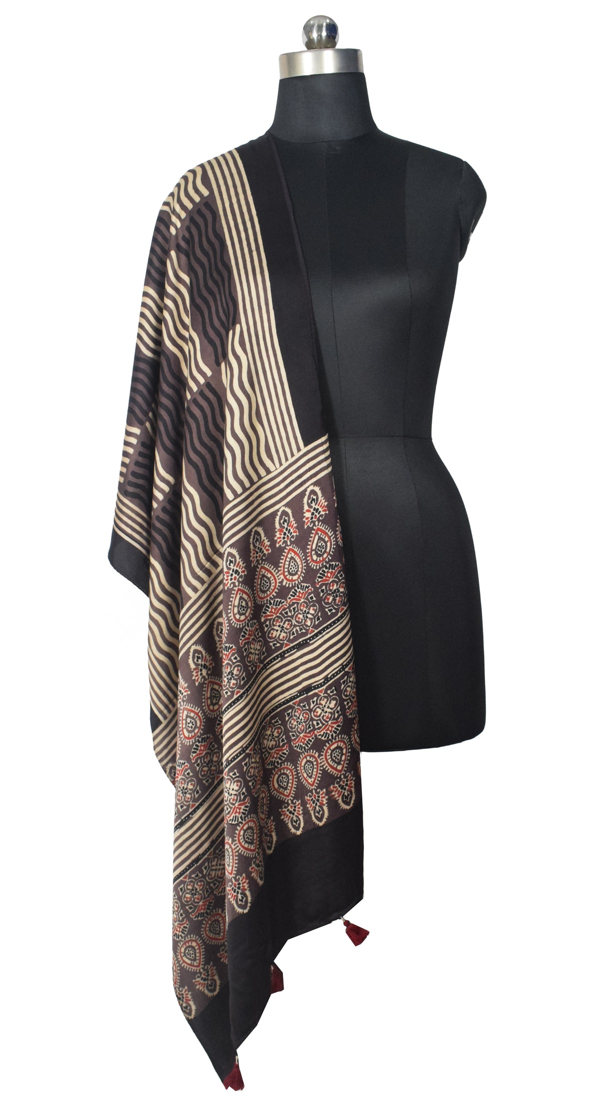 Ajrakh Modal Silk Natural Dye Hand Block Print Stole With Tassels - 2 Mtr Length   -  SKU : EK28901R