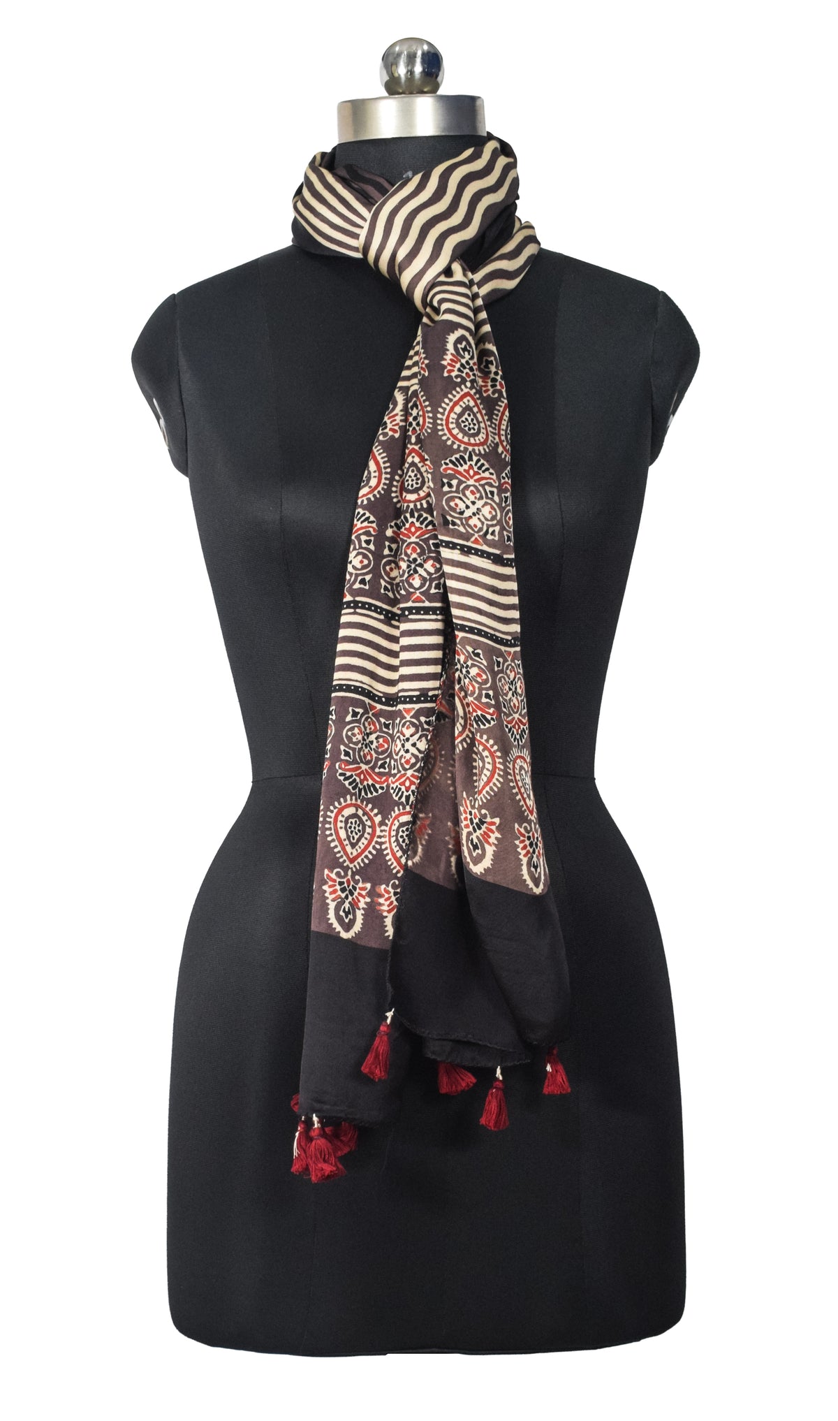Ajrakh Modal Silk Natural Dye Hand Block Print Stole With Tassels - 2 Mtr Length   -  SKU : EK28901R