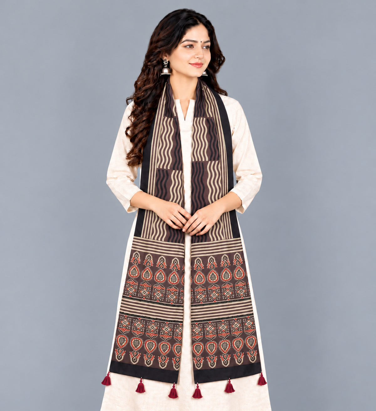 Ajrakh Modal Silk Natural Dye Hand Block Print Stole With Tassels - 2 Mtr Length   -  SKU : EK28901R