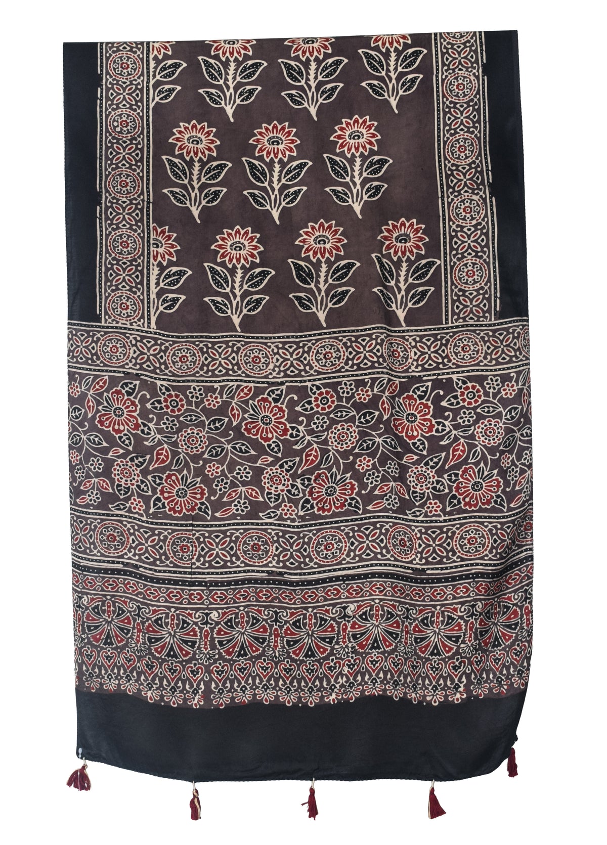 Ajrakh Modal Silk Natural Dye Hand Block Print Stole With Tassels - 2 Mtr Length   -  SKU : EK28901T