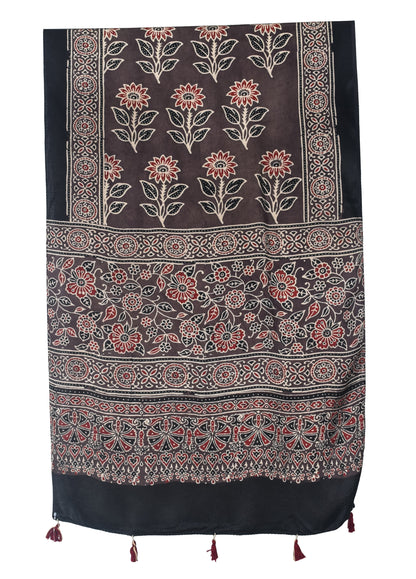 Ajrakh Modal Silk Natural Dye Hand Block Print Stole With Tassels - 2 Mtr Length   -  SKU : EK28901T