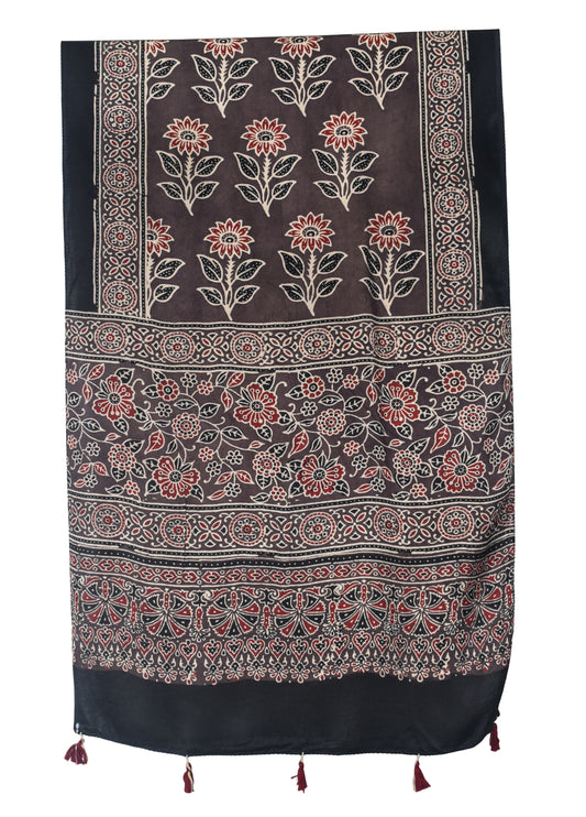 Ajrakh Modal Silk Natural Dye Hand Block Print Stole With Tassels - 2 Mtr Length   -  SKU : EK28901T