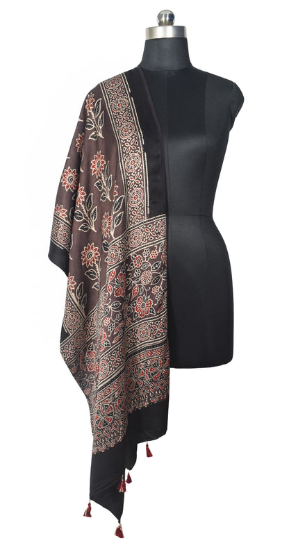 Ajrakh Modal Silk Natural Dye Hand Block Print Stole With Tassels - 2 Mtr Length   -  SKU : EK28901T